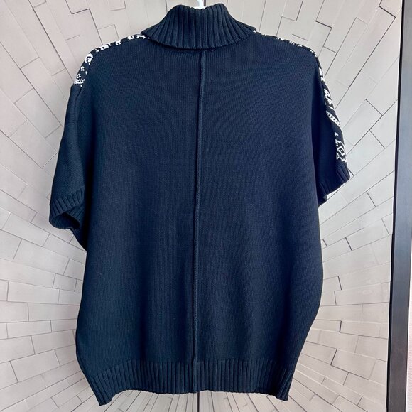 NWT Southwest BOHO Black White Short Sleeve Cowl Turtleneck Cotton Sweater - Picture 2 of 9